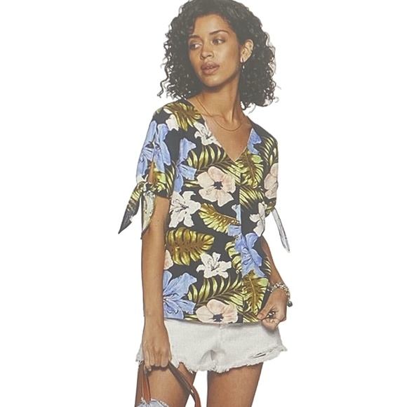 VERO MODA Tropical Floral Linen Viscose Button Up Tie Sleeve Blouse Resort L - Picture 2 of 16